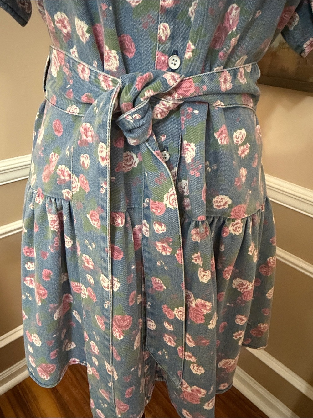 Floral Ruffle Belted Button-Up Dress - Blue with Pink Roses - Picture 4 of 9